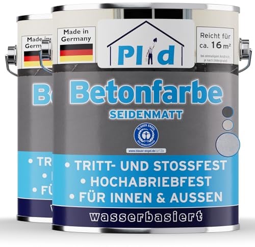 Plid Betonfarbe Außen frostsicher Silbergrau 1,5 L – Bodenfarbe | Boden & Wand | Beton, Estrich & Mauerwerk | Seidenmatt | Abriebfest | Keller & Balkon | ca. 16 m² | Made in Germany