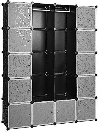 EINFEBEN 20 Würfel DIY Regalsystem Kleiderschrank Offen Kunststoff Garderobe mit Türen Garderobenschrank Schwarz 180 * 142 * 37CM