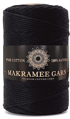 Makramee Garn. Baumwollgarn Kordel. 100% Natur Baumwoll-Kordel. Perfekt für Basteln, DIY, Handwerk & Stricken. 100% Natur Baumwollgarn, Dicke Macrame Cord (Schwarz, 3mm/200m)