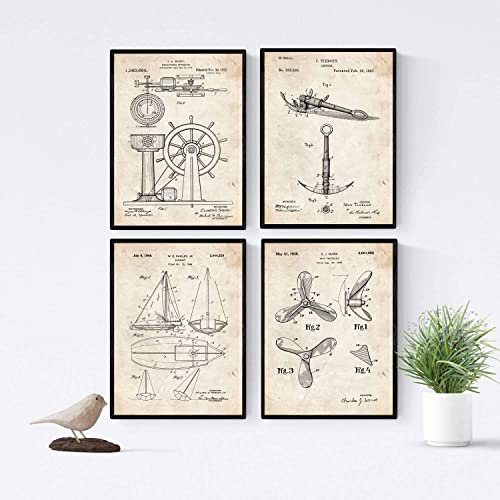 Nacnic 4 Poster mit Boot Patenten | Posterset mit Erfindungen und alten Werkzeugen | Bilder von Ruder, Anker, Segelboot und Schiffsschraube | Größe A4.