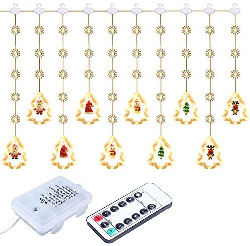 JAWSEU Weihnachtsvorhang Lichter, LED Weihnachten Lichterketter, Wasserdicht Dekoration Lichtervorhang mit Schneemann, Weihnachtsmann und Weihnachtsbaum für Innen Außen