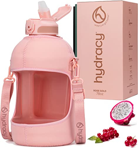 Hydracy Water Bottle Storage Sleeve and Straw- Large Half Gallon 2.3 Litres BPA Free Motivational Time Marker -Leak Proof Gym -Ideal Fitness or Sports & s, Rose Gold Straw 78oz, 2.3L