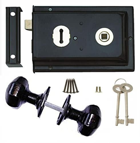 Haven Heritage Deadbolt Door Lock Cast Iron Knobs/Handle - Shed Llock, Garden Gate Lock with Key, Rim Lock Door Knobs, Gate Dead Bolts with Keys Rim Lock Set 6x 4 (Lock + Black Cast Iron Handle)