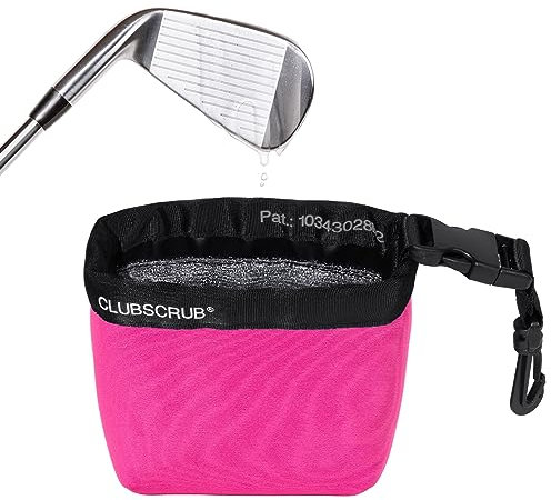 Club Scrub Golf Club and Golf Ball Cleaning Bag, Waterproof Clean Face Technology Liner, Perfectly Dry Neoprene Exterior, Detachable Clip, Machine Washable, Cleans Club Grooves, Pink