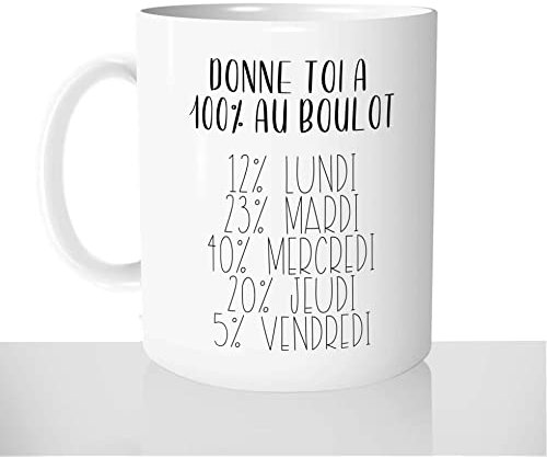 Mug-Cadeau 100% au Boulot - Tasse Café Thé Idée Cadeau Original Humour Travail Flemme Collègue - Noël Anniversaire