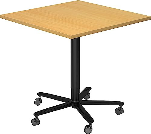 bümö Säulenhubtisch höhenverstellbar, Stehtisch Büro, Bistrotisch eckig 80 x 80 cm - Besprechungstisch Buche, Stehtisch Holz-Platte, Säule aus Metall in schwarz, Säulentisch, Hochtisch