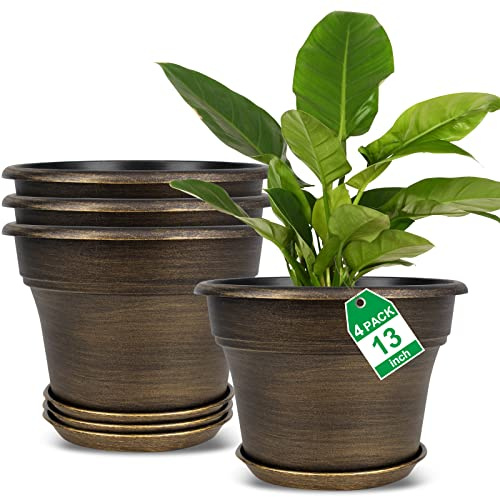 Juego de 4 macetas de 13 pulgadas, maceta grande de plástico para plantas de interior con agujeros de drenaje y bandejas, juegos de contenedores decorativos de resina con platillo para casa, jardín al