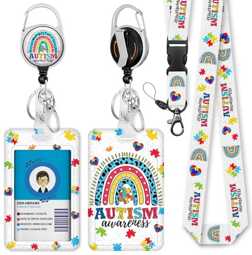 Autismus Puzzle Lanyards für Ausweise mit einziehbarer Ausweisrolle und Kartenhalter Schlüsselanhänger, Regenbogen ID Badge Halter mit Breakaway Lanyard, Lehrer, Büro Geschenke