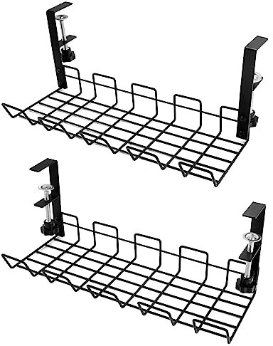 QWORK 2 Packs Under Desk Cable Management Tray, Under Desk Cable Tidy,No-Drill Cable Basket, for Managing Cables and Power Strips