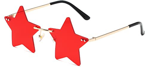 YUELUQU Vintage Mode Lustige Festival Sonnenbrillen Metall Rahmenlose Frauen Herren Punk Party Gläser (Stern-rot)