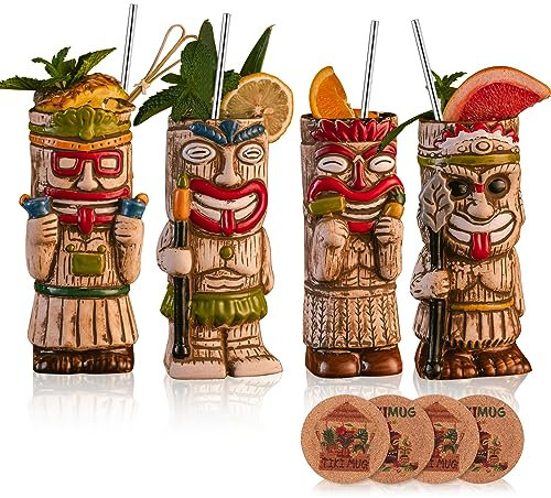 SUN GKOTTA Cocktail-Tiki-Becher-Set – exotische, mattierte Tasse mit 4 Strohhalmen und Untersetzern, niedliche Keramik-Cocktailgläser für Partys im hawaiianischen Stil, tropische
