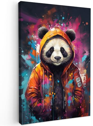 MuchoWow© Leinwand Bilder 40x60 cm Wanddeko Wohnzimmer Aesthetic Room Decor Deko Zimmer Wandbilder Modern Fotogeschenke Banksy - Street Pop Art - Panda - Mantel - Graffiti - Orange
