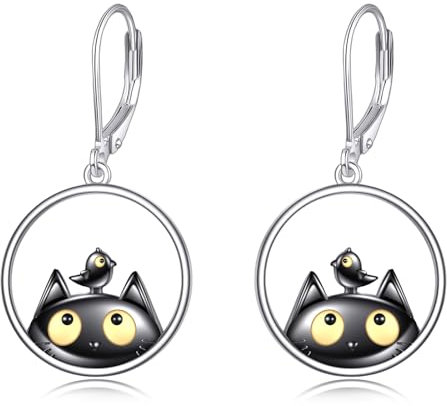 POPLYKE Schwarze Katze Ohrringe Sterling Silber Schwarze Katze Hängend Ohrringe LeverBack Ohrring Schmuck Weihnachts Geschenke für Frauen(Kreis)