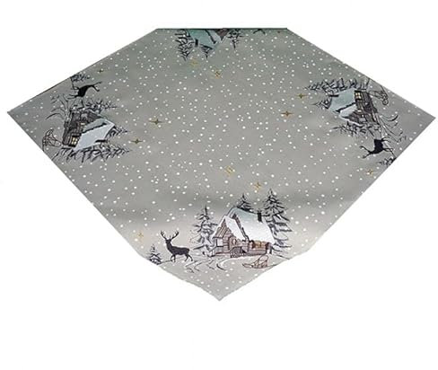 Tischdecke Mitteldecke Tischläufer (Längen bis 2 m) Kissenhülle Tischset Winter Ecru beige Bestickt mit Motiv Winterwald Elch goldene Sterne (85 x 85 cm)