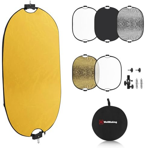 WELLMAKING Reflector de fotografía de 90 x 120 cm con mango roscado, reflector de luz plegable con bolsa y adaptador de inclinación, reflector 5 en 1 para estudio, translúcido, plateado, dorado,