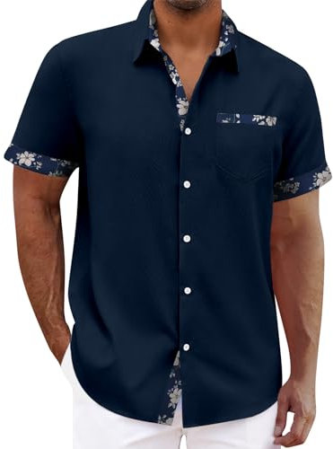 Mens Linen Hawaiian Shirt - Summer Short Sleeve Shirts for Men, Blue, 2XL