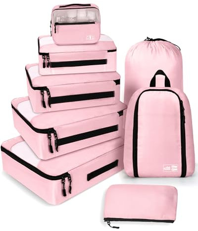 MURISE Koffer Organizer 8 Stück, Packing Cubes für Urlaub und Reisen, Packwürfel Packtaschen für Koffer, mit Schuhtasche Kosmetiktasche, Ordnungssystem, Travel Essentials, Rosa