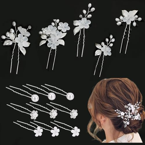 14 Stück Haarschmuck Hochzeit, Braut Hochzeit Haarnadeln, U-förmig Hochzeit Haarspangen mit Perlen und Blume, Silber Haare Brautschmuck für Frauen Mädchen Wedding Hair Pins