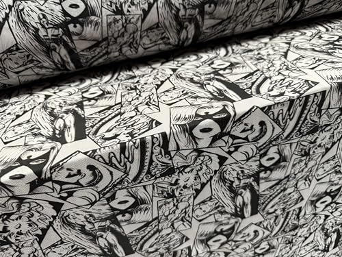 Power-Mesh-Netz, durchscheinend, Stretch, Spandex, modischer Stoff, Meterware, Superhelden-Comic-Druck, Schwarz und Weiß
