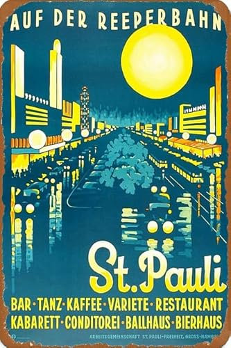 St. Pauli Hamburg Deutschland Vintage Reise Werbung Kunstdruck Wandkunst Blechposter Retro Metallschild 20 x 30 cm für Zuhause, Garage, Männer, Höhle, Büro, Bar, Heimdekoration