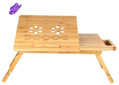 Table de Lit Pliable, Table Portable pour Ordinateur Table d’Ordinateur en Bambou Plateau de Service Pieds réglables en Hauteur avec tiroir et Trous de Ventilation (66 * 35 * 30 cm-Couleur Bois)