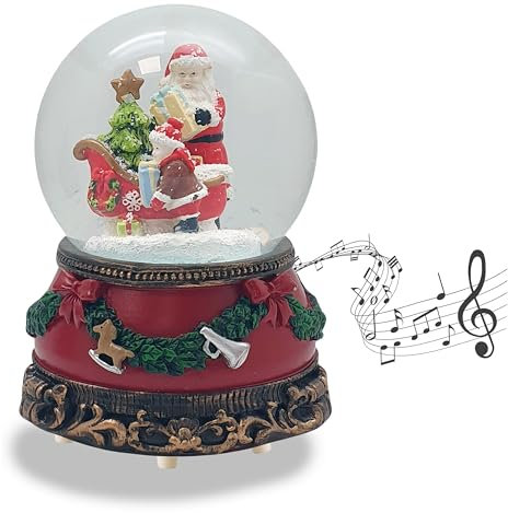 Schneekugel Weihnachten Spieluhr | Christmas Shopping | Weihnachtsmann mit Schlitten und Engel | Sockel Weihnachten rot Tannengirlande | mit Musik | Weihnachtsdekoration | B: 10 cm H: 14 cm | 20278