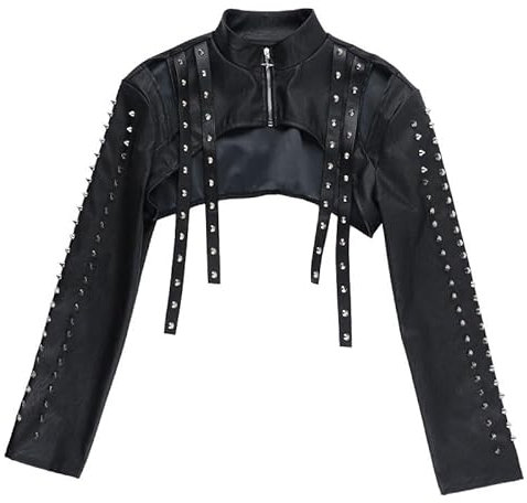 YINGWIN Gothic Long Sleeve Smock Punk Studded PU Leather Blouse High Street Cool Jacket Rave Ultra Short Zip Top Black