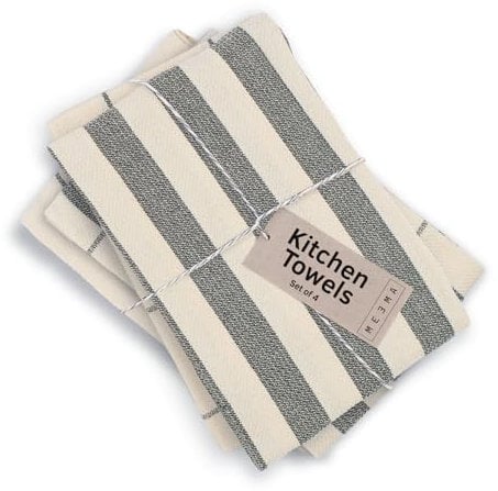 MEEMA Kitchen Towels and Dishcloths Sets of 4 | Large 18 x 28 Inch | Upcycled Cotton Tea Towel | Super Absorbent Cotton Dish Towels for Kitchen | Charcoal Stripes | Hand Towels
