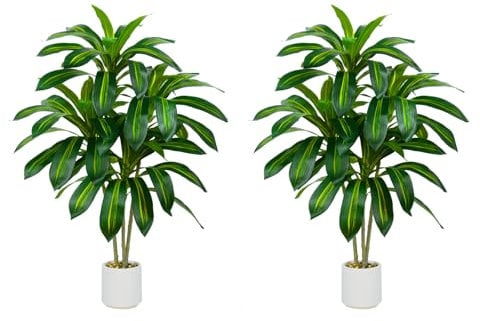 Plante Artificielle Dracaena Intérieur 150cm Arbre Artificiel Dracaena Faux Arbre en Soie avec Jardinière Blanche Faux Tropical Yucca Floor Plant pour Bureau à Domicile Décorati (2, Blanc, 120cm)