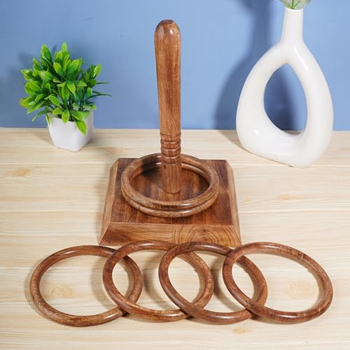 Ajuny Ringwurfspiel Set aus Holz für Kinder – Spiel für drinnen und draußen für Familien und Erwachsene mit 1 Stange, 1 Basis und 6 Ringen Spiele für die Party Bar Hause Geschenk