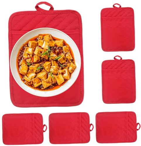6 PCS Pot Holders - 7x9 Inch Heat Insulation Non-slip Hot Pads with Hanging Ring for Kitchen, Baking, Cooking - Red