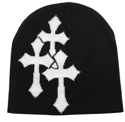 BelleVive Y2K Strickmützen Mütze Kreuzgrafik Herren Damen Jacquardmütze Punk Einfarbige Mütze Outdoor Sport Trend Beanie, Beanie Mütze Soft Slouchy Knitted Hut Winter Skull Cap Outdoor