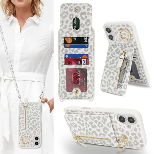 Zouzt Crossbody Wallet Case for iPhone 16, with Strap, White Leopard | Lanyard Purse, 4 Card Holder, 360° Ring Kickstand, PU Leather Zipper Handbag, Shockproof TPU, Back Flip Phone Cover for Women