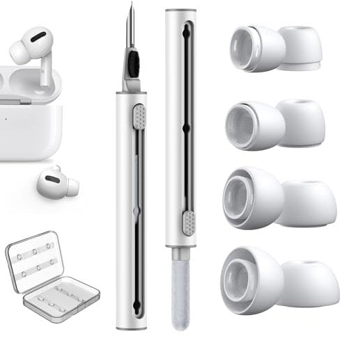 4 Paar Ersatz-Ohrstöpsel für AirPods Pro/AirPods Pro 2 Aufsätze mit Loch zur Geräuschreduzierung, 3 in 1 Airpods Reinigungsset mit Cleaner Stift, Airpods Pro Silikontips mit Aufbewahrungsbox- XS/S/M/L