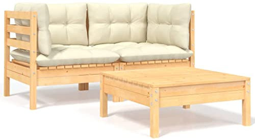 Myheimly Garten Sofa, Gartensofa,Gartencouch Modular,Sofa Couch Gartenmöbel Gartengarnitur, Garten-Sofa-Modul Natur und Creme,2X Eckteil + Tisch
