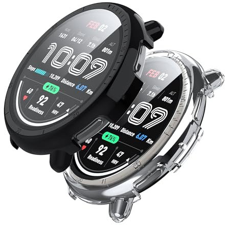 Fitudoos [2 Stück Harte PC Hülle mit Panzerglas Displayschutz Kompatibel mit Amazfit Active 2 44MM,Hochempfindliche Leichte Anti-Fall Schutzhülle, Rundum Schutzhülle - 1 Schwarz+ 1 Transparent