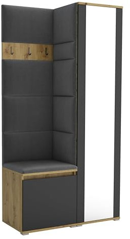 Brent - Garderobenschrank Flur Artisan Eiche Schwarz mit sitzbank 95 cm Breit Luton 6 - Multifunktionale Flurgarderobe Set mit Stauraum und Wandpaneel, Garderobe mit Sitzfläche und Kleiderhaken