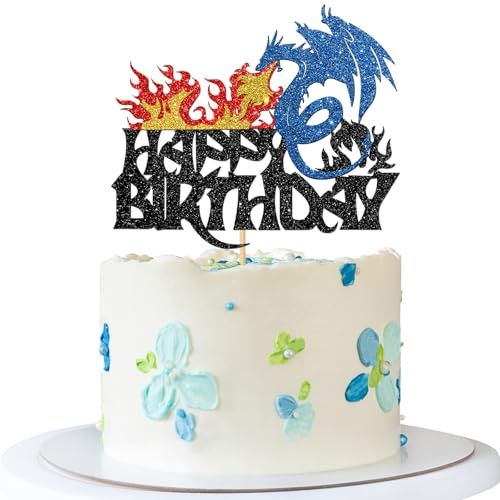 Dragon Birthday Cake Topper - Fantasy Dragon Birthday Cake Supplies - Baby Shower Kid Bday Party Decorations - Black Glitter