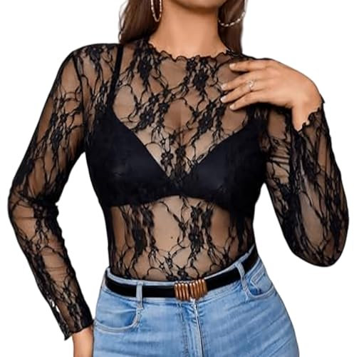 TUONYIS Women's Mesh Top Lace Sleeve Sheer Tops Black Sexy Sheer Blouse Transparent T-Shirt Stretchy Sheer T-Shirts Mesh Tops for Women See Through Sheer Mesh Shirt (UK, Alpha, One Size, Black)
