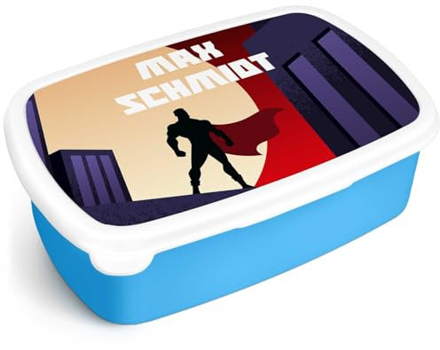 GRAVURZEILE Bedruckte Lunchbox - Superhelden - Personalisiert mit Namen - Brotdose für Kinder - Individuell bedruckt - Platzsparend stapelbar - Perfekt für Schule & Kita - Farbe: Blau