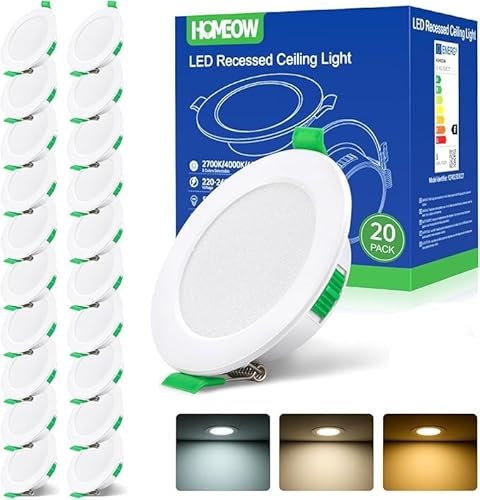 HOMEOW 20er Set LED Einbaustrahler 230V, 5W 400LM LED Spot 68mm - 78mm Lochmaß, IP44 Warmweiß Neutralweiß Kaltweiß Deckenspots, 24mm Ultra Flach Einbauleuchten für Badezimmer Küche
