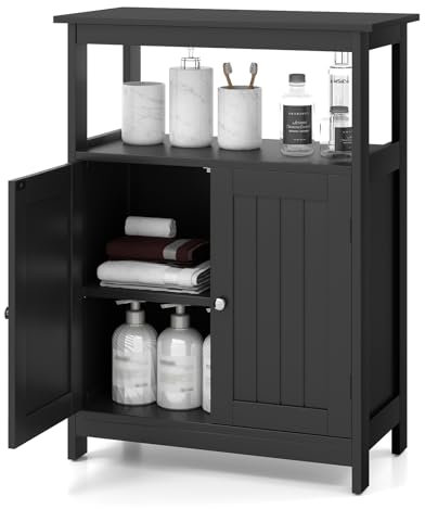 COSTWAY Badezimmerschrank mit Doppeltür & Ablagen, Badschrank mit verstellbarem Regal, Badkommode freistehend aus Holz, Unterschrank Aufbewahrungsschrank für Bad, Wohnzimmer, 60 x 30 x 80cm (Schwarz)
