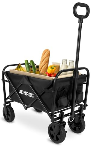VONROC Faltbarer Bollerwagen für Garten und Strand – kompakt, 60 kg Tragkraft, 50 l Fassungsvermögen – pannensichere Räder, Stahlrahmen, zusammenklappbar mit Tasche, schwarz