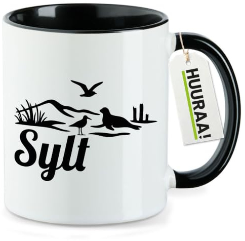 Huuraa Kaffeetasse Sylt Strandmotiv Geschenk | Motivtasse 330ml Schwarz Keramik Tasse mit Spruch Kaffeebecher Geschenkidee Becher mit Motiv