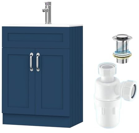 BELOFAY 600mm Under Sink Bathroom Cabinet Floor Standing Storage Cupboard Basin Vanity Unit, 600mm Laquered Cloakroom Vanity Unit with Basin, Trap and Waste, Tap not included (Crawley Blue)