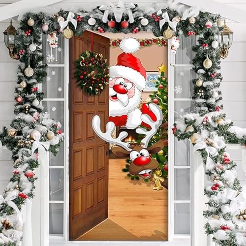 Ntwdby Decoración de Cubierta de Puerta de Navidad, 200 x 90 cm Fondo de Pancarta Colgante de Papá Noel, Banner Funda para Puertas de Navidad para Navidad, Invierno, Año Nuevo, Interior, Exterior
