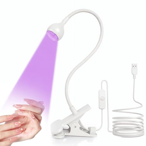 Lámpara UV para Uñas de Gel con Pinza,Mini Secador de Uñas LED 3W con Cable USB e Interruptor,Lámpara Portátil para Esmalte Semipermanente,Cuello Flexible 360°,Blanco