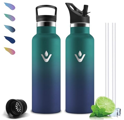 Mujigaga Botella Agua Acero Inoxidable, 500ml Botella Termica, A Prueba de Fugas, Botellas Agua Niños, sin BPA, Cantimplora con Pajita, Mantiene 24H Frio/12H Calor, para la Escuela, Oficina, Cámping