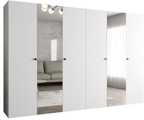 MEBLE KRYSPOL - Kleiderschrank - Garderobenschrank - 300 cm x 202 x 52 cm - Schrank mit Kleiderstange und Spiegel, 6 Türen - für Schlafzimmer, Flur - Parma, Weiß, Griff Schwarz