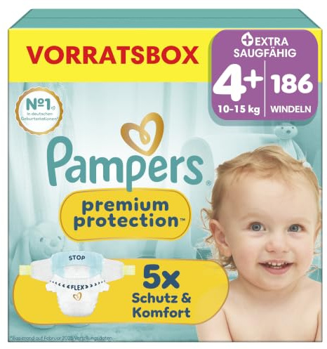 Pampers Premium Protection Größe 4+, 186 Windeln, 10kg-15kg | unser Nr. 1 Haut- und Auslaufschutz